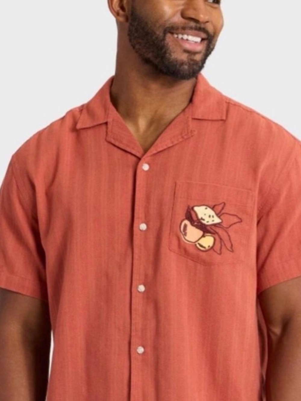 Goodfellow Men's Short-Sleeve Cuban Shirt in Rust with Embroidered Pocket. Sz L.